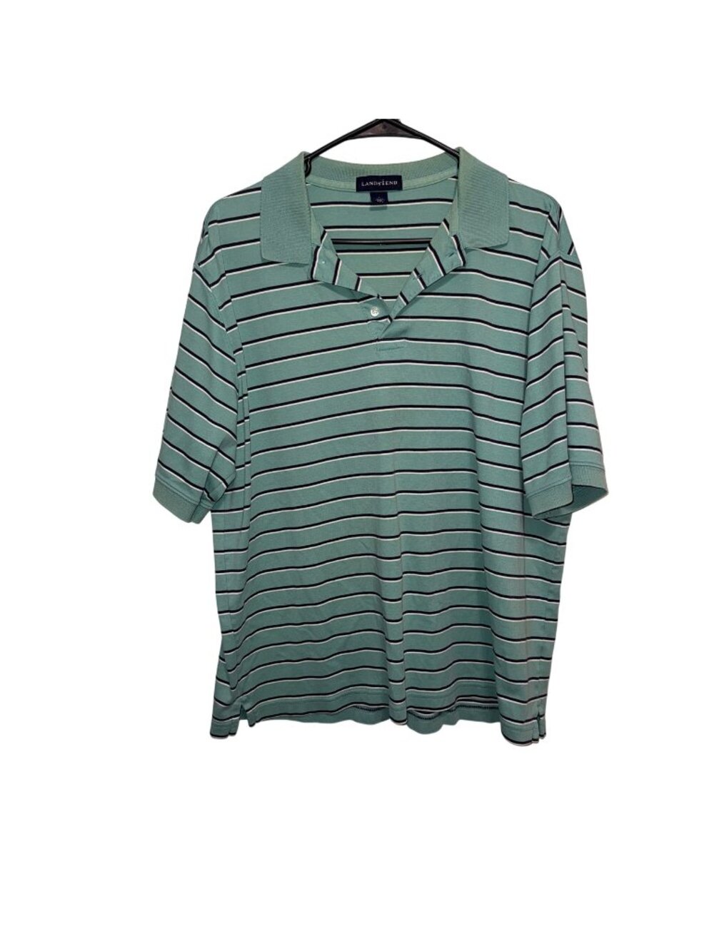 Lands End Mens Green/White Striped Polo Shirt Large Short Sleeve Cotton Blend